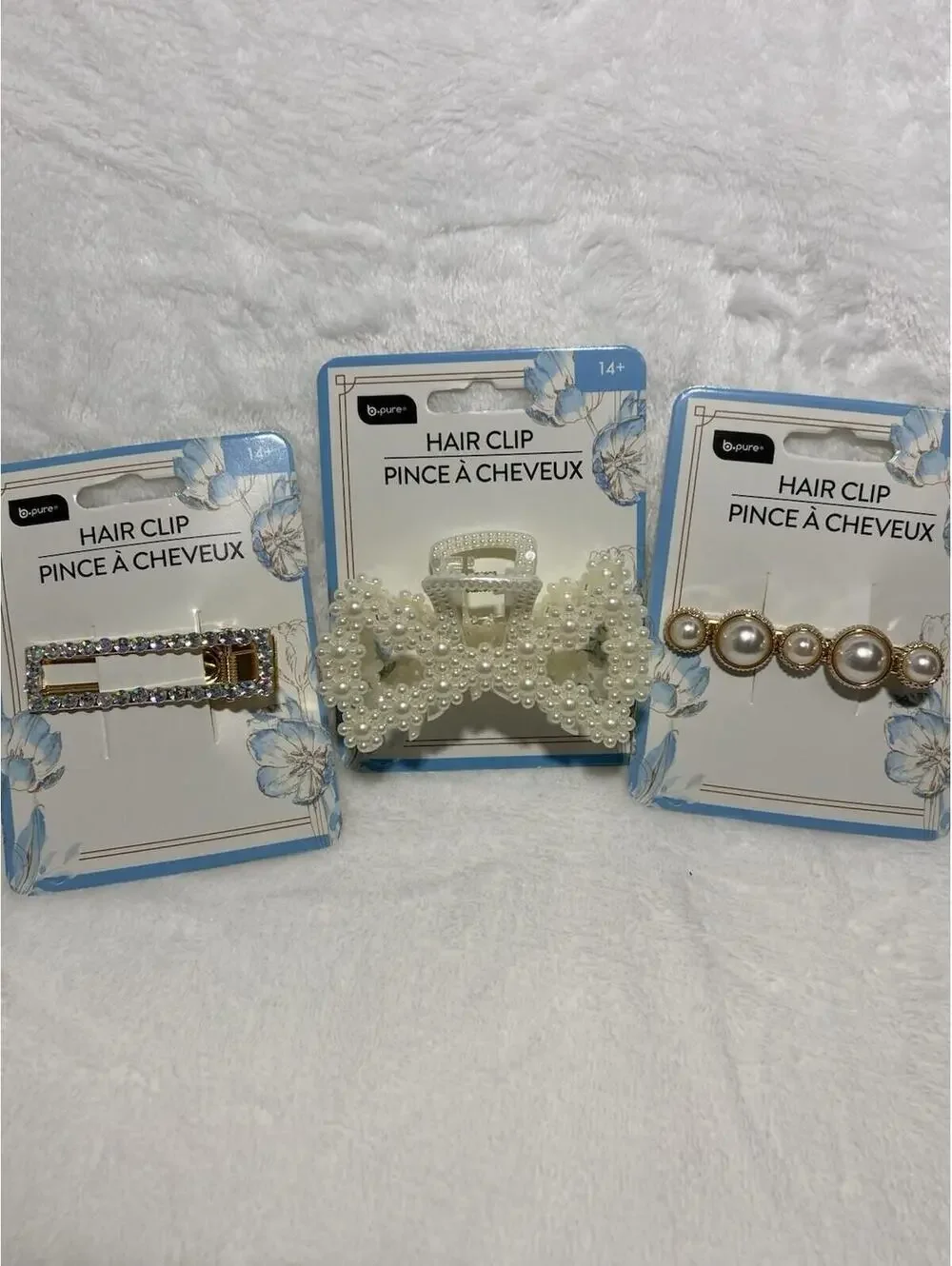 b.pure Women's 3pc Hair Clip Set Pearl Rhinestone Bow, White & White w/Rose Gold